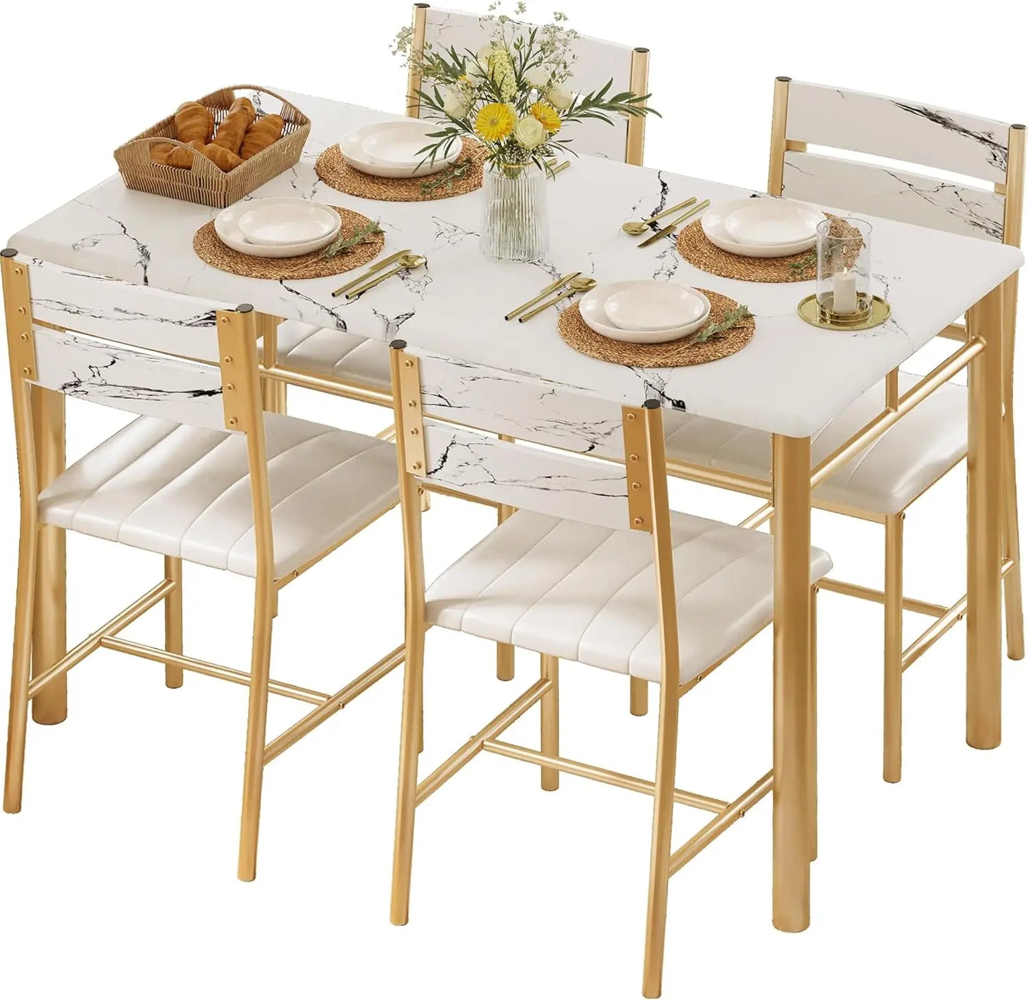 Dining Table Set for 4, Wood Kitchen Table with Upholstered Chairs for Kitchen & Dining Room, Compact Dining Set for Smal