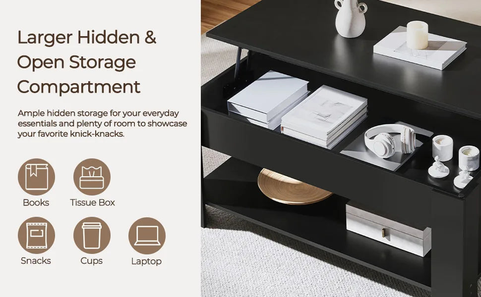 coffee Table with Hidden Compartment and Storage Shelf, Rising Tabletop Dining Table for Living Room Reception Room, 47.5in L, B