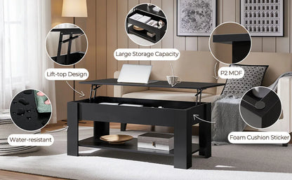 coffee Table with Hidden Compartment and Storage Shelf, Rising Tabletop Dining Table for Living Room Reception Room, 47.5in L, B
