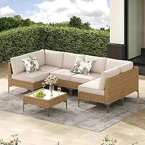 Jing's Villa 7-Piece Outdoor Patio Furniture Set,Rattan Conversation Sectional Sofa w/Coffee Table, All-Weather Patio Conversati