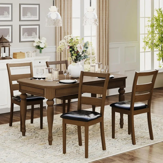 Upholstered Dining Chairs Set of 4, PU Leather Ladder High Back Dining Room Kitchen Side Chair with Adjustable Foot Pegs, Dark