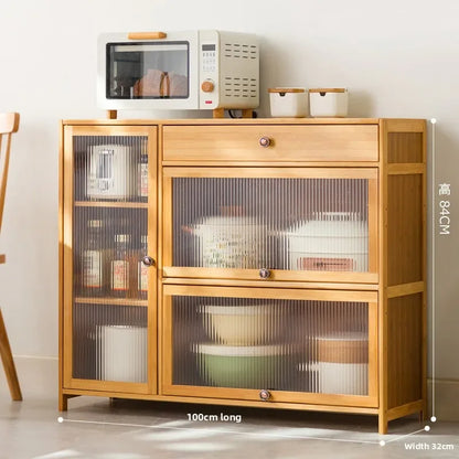 Kitchen shelves Floor-to-ceiling multi-layer storage cabinets with doors, cabinets, dishes, pots and pans, electrical appliances