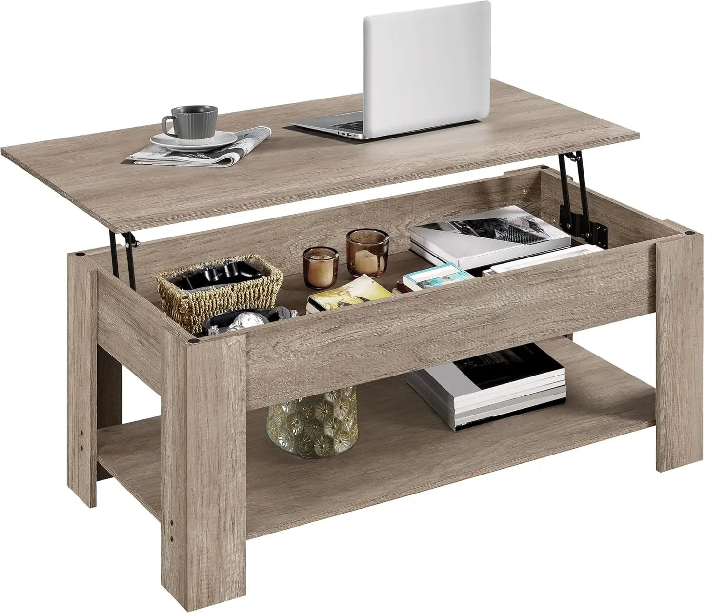 coffee Table with Hidden Compartment and Storage Shelf, Rising Tabletop Dining Table for Living Room Reception Room, 47.5in L, B