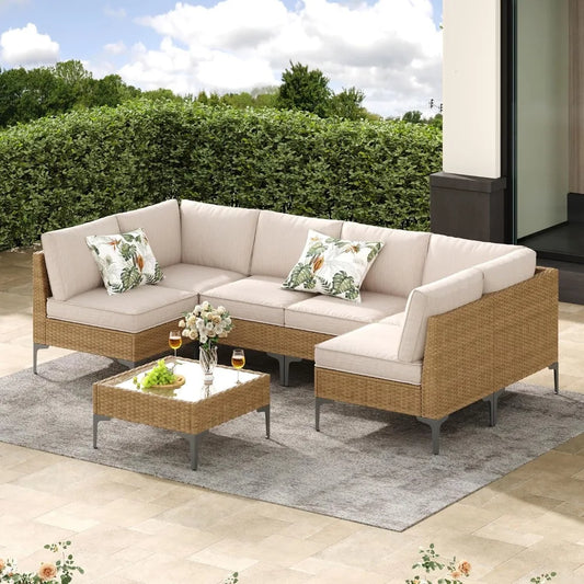 Jing's Villa 7-Piece Outdoor Patio Furniture Set,Rattan Conversation Sectional Sofa w/Coffee Table, All-Weather Patio Conversati