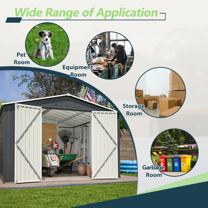 LZBEITEM Outdoor Storage Shed 10x10 FT, Utility Metal Tool Storage with Lockable Doors and Updated Frame Structure, Black