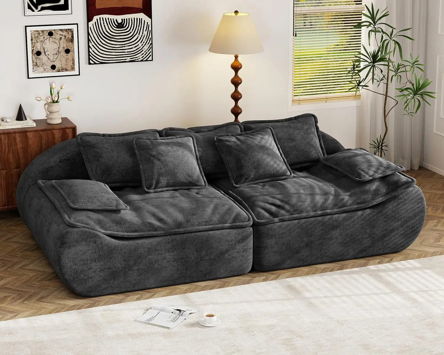 Sectional Living Room Sofa 2-Seater Modular Couch – Comfy Loveseat with Throw, Deep Seat Small Sofa for Compact Space