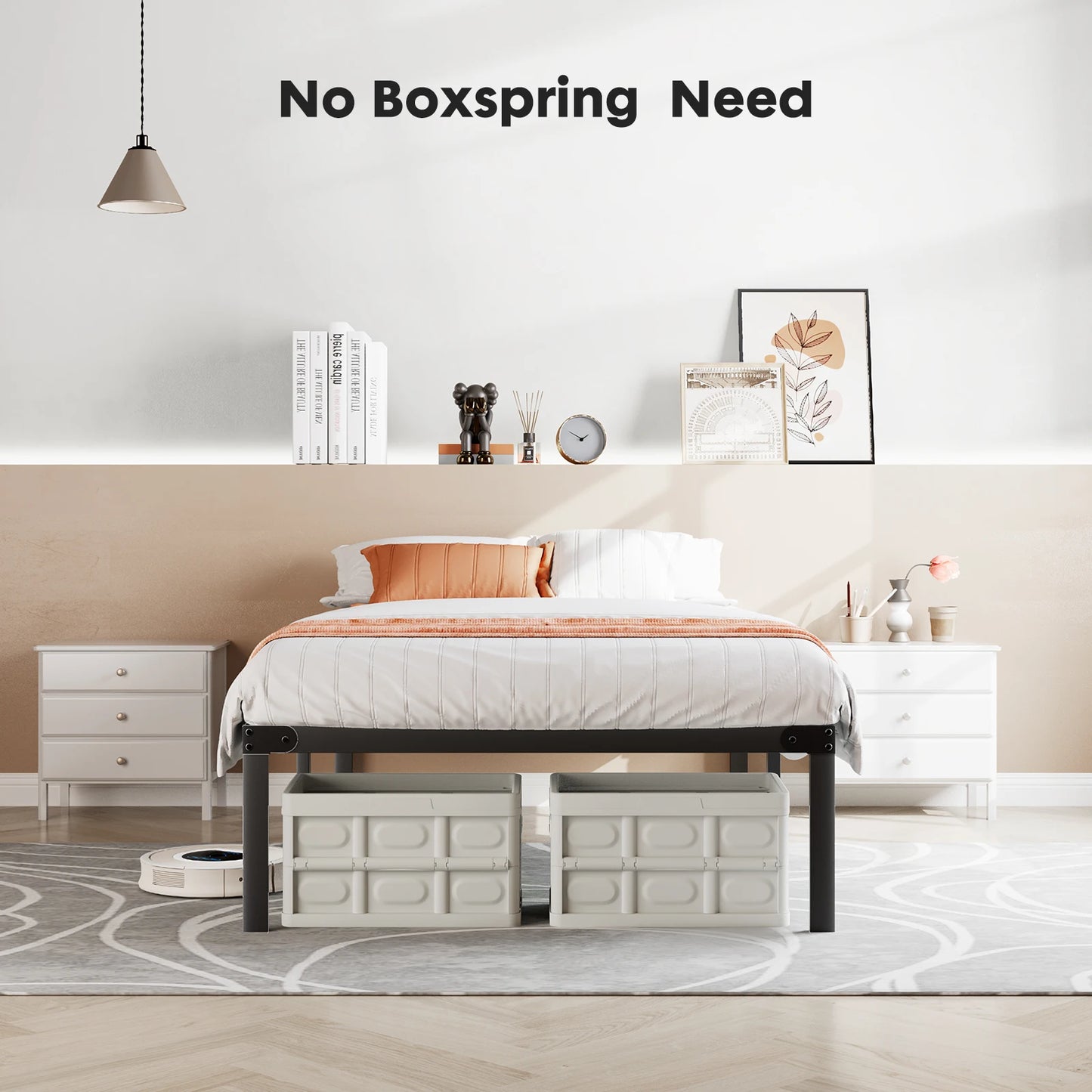 JHK Basic Twin Full Queen King Size Bed Frame Metal Platform Bedroom Frames with Storage Space Sturdy Steel Slat Support 350LBS