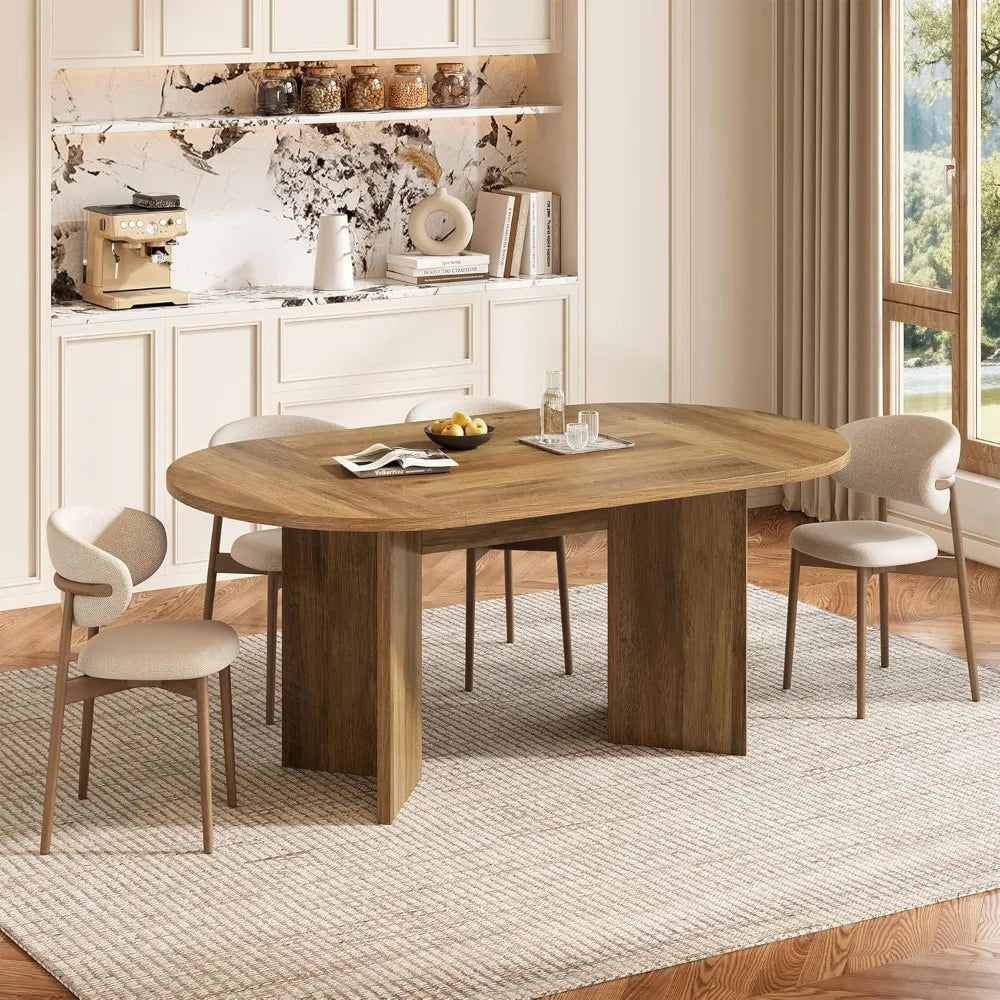 63" Rustic Oval Dining Table for 4-6, Sturdy MDF Farmhouse Kitchen Table with Metal Strip Base, for Living Room, Office, Restau
