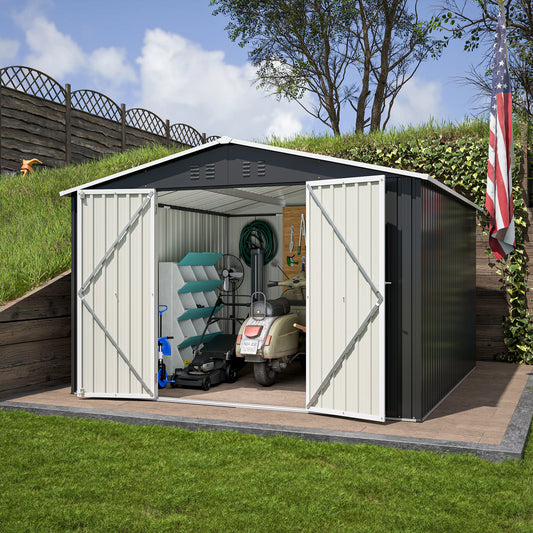 LZBEITEM Outdoor Storage Shed 10x10 FT, Utility Metal Tool Storage with Lockable Doors and Updated Frame Structure, Black