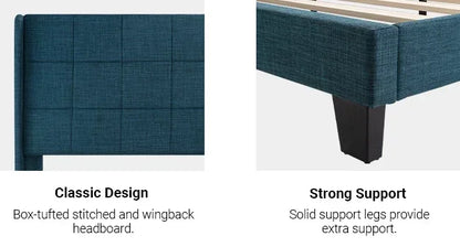Fabric Upholstered Square Stitched Headboard and Wooden Slats Beds and Furniture for Home Mattress Basics Wingback Bed Set Frame