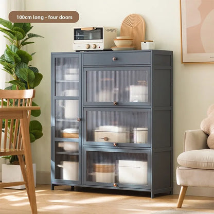 Kitchen shelves Floor-to-ceiling multi-layer storage cabinets with doors, cabinets, dishes, pots and pans, electrical appliances