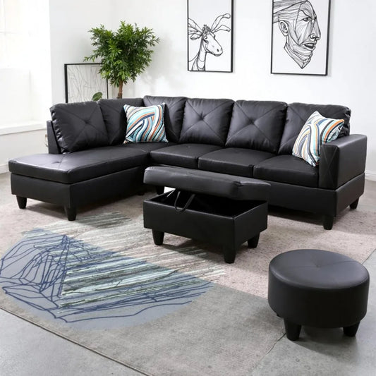 Sectional Sofa Couch,97" Modern 6-Seaters Living Room Sets with Left Facing Chaise Lounge, Movable Ottoman & 2 Pillows L Shaped